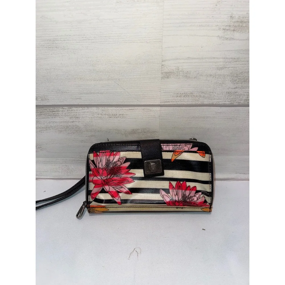 Sakroots Floral Striped Wristlet Wallet Zip Around‎ Clutch Black White Pink